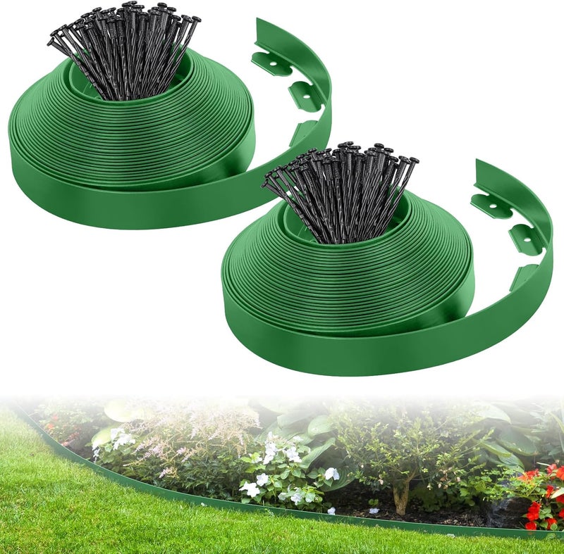 FunFanso 2-Inch x 66 FT Landscape Edging Border with 100 Spikes, Garden Edging Lawn Edging Border Kit, Plastic Edging Border Flexible for Garden Flower Beds Lawn Yard Pathway (Green) - Image 1